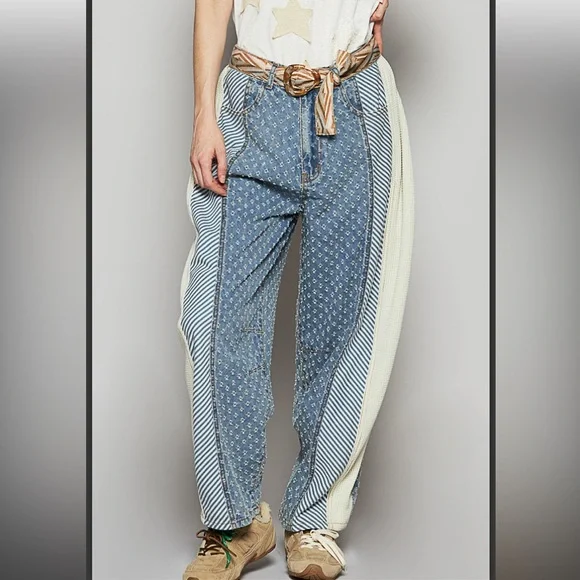 POL Patterned Denim Boyfriend Style Pants with Laser Cut Accents - Picture 2 of 4